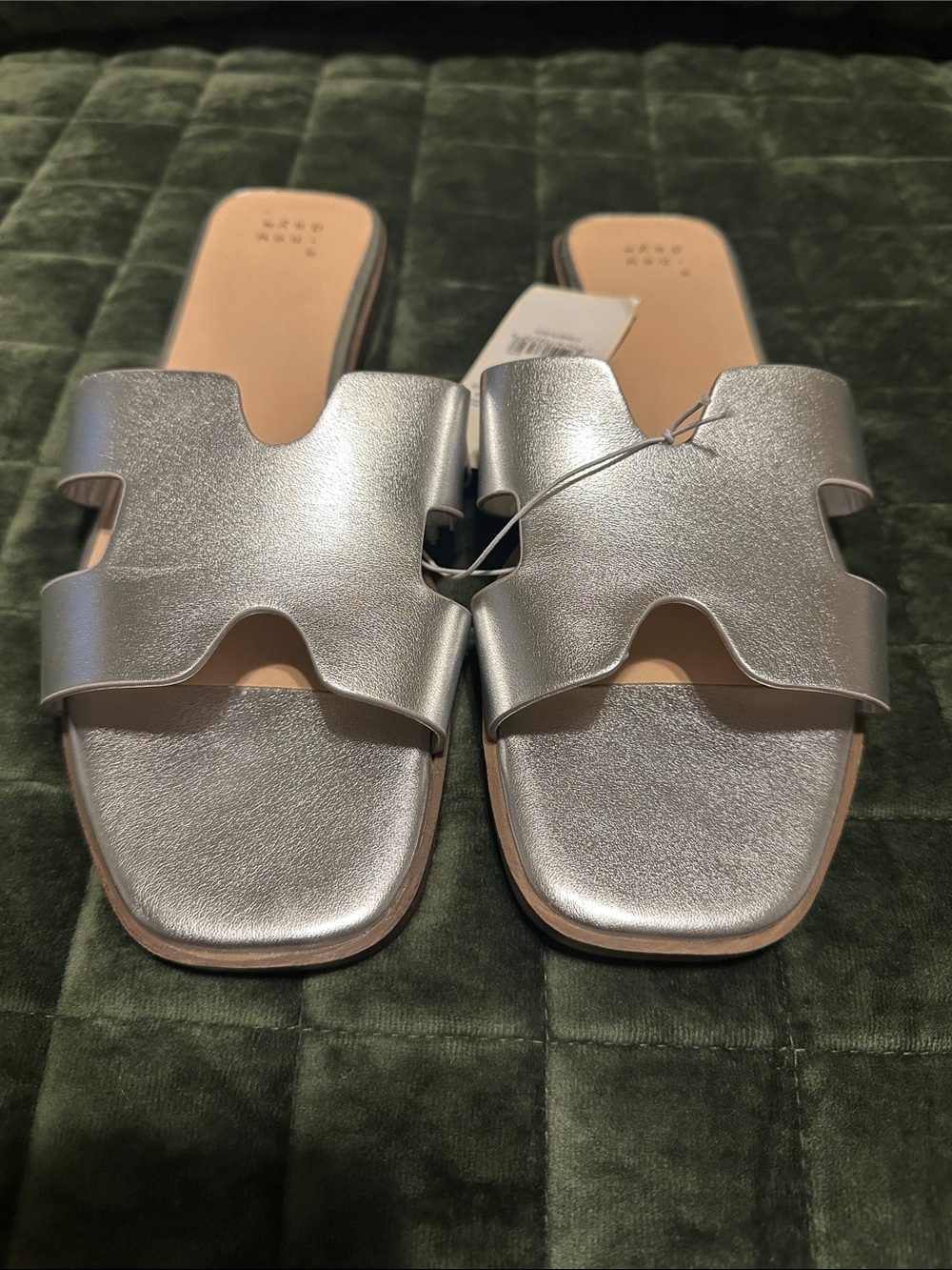 a new day Metallic Silver Slide Sandals with Cutout Twin Straps